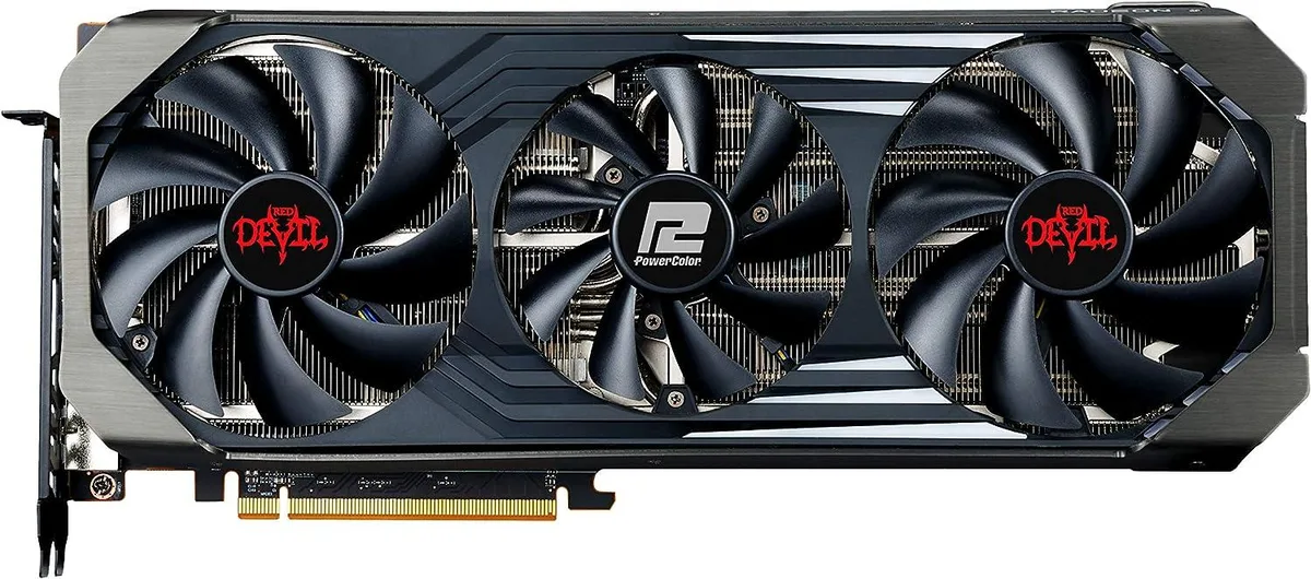 PowerColor Radeon RX 6750 XT Red Devil triple-fan graphics card in dark grey and red
