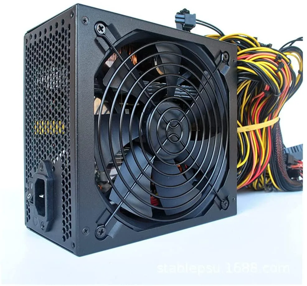 Black rectangular mining power supply unit with large fan grille, modular cable sockets visible, 165x150x85mm
