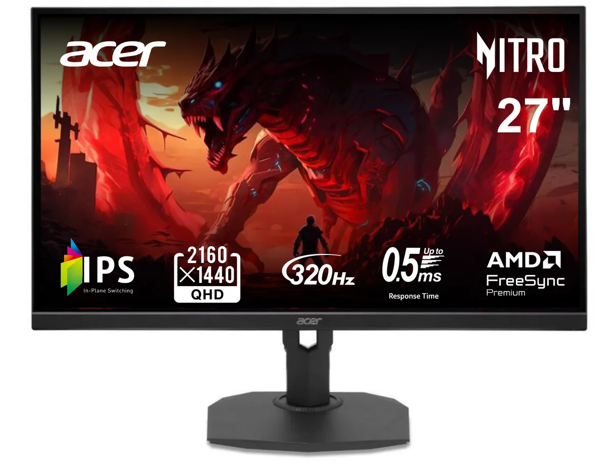 Black 27 inch flat IPS gaming monitor with thin three sided bezels and adjustable stand