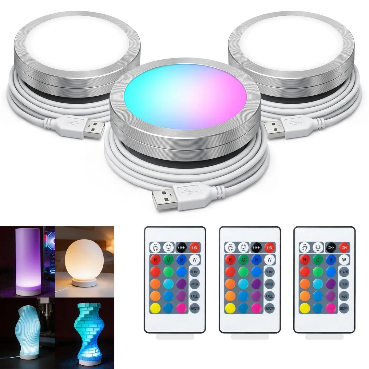  CreatryLab 3 Pack RGB LED Lamp Kit 16T 16 Colors Remote Memory USB 5V 1.5m Cable 7.8x5.5x1.6in — Produktfoto