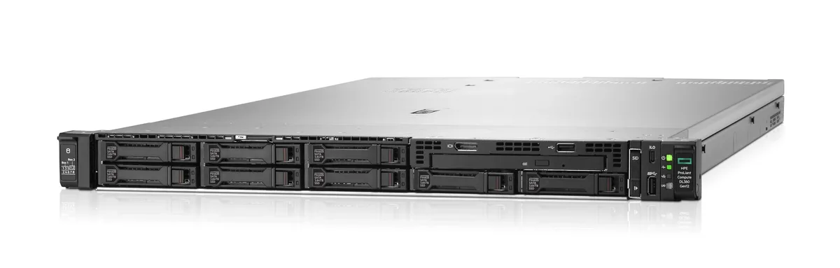 Silver 1U rack server front panel with eight drive bays