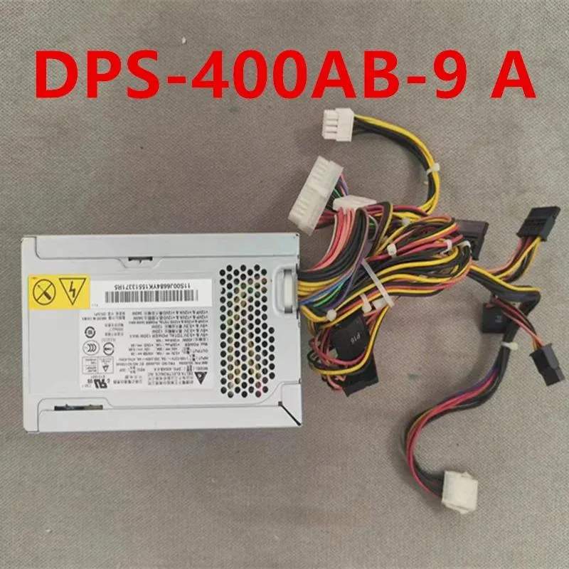 Rectangular metal ATX power supply unit with ventilation grille and label
