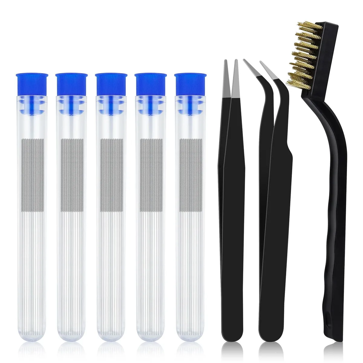 Silver 0.4 mm stainless steel needles, copper brush and two tweezers in a compact kit