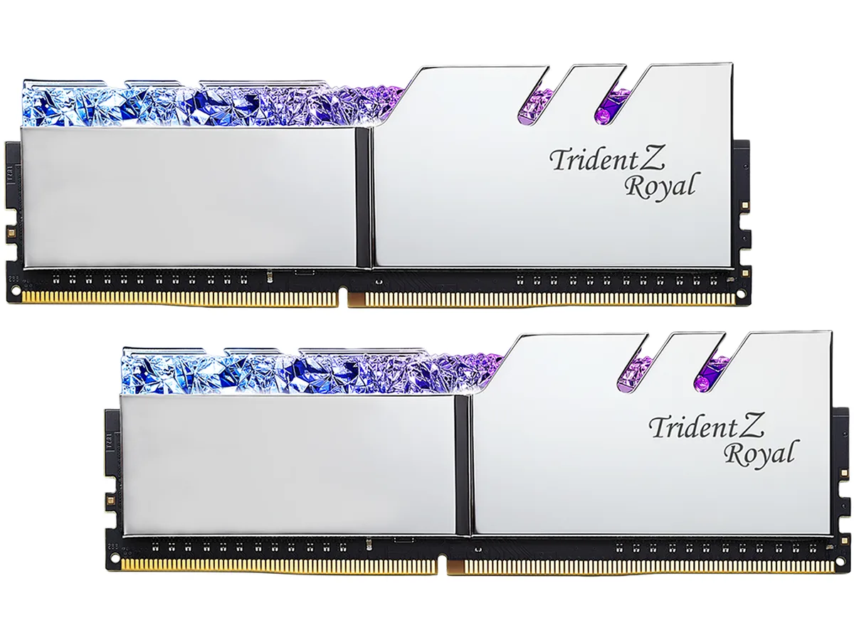 Two silver DDR4 memory modules with crystalline RGB light bars and mirrored aluminum heatspreaders