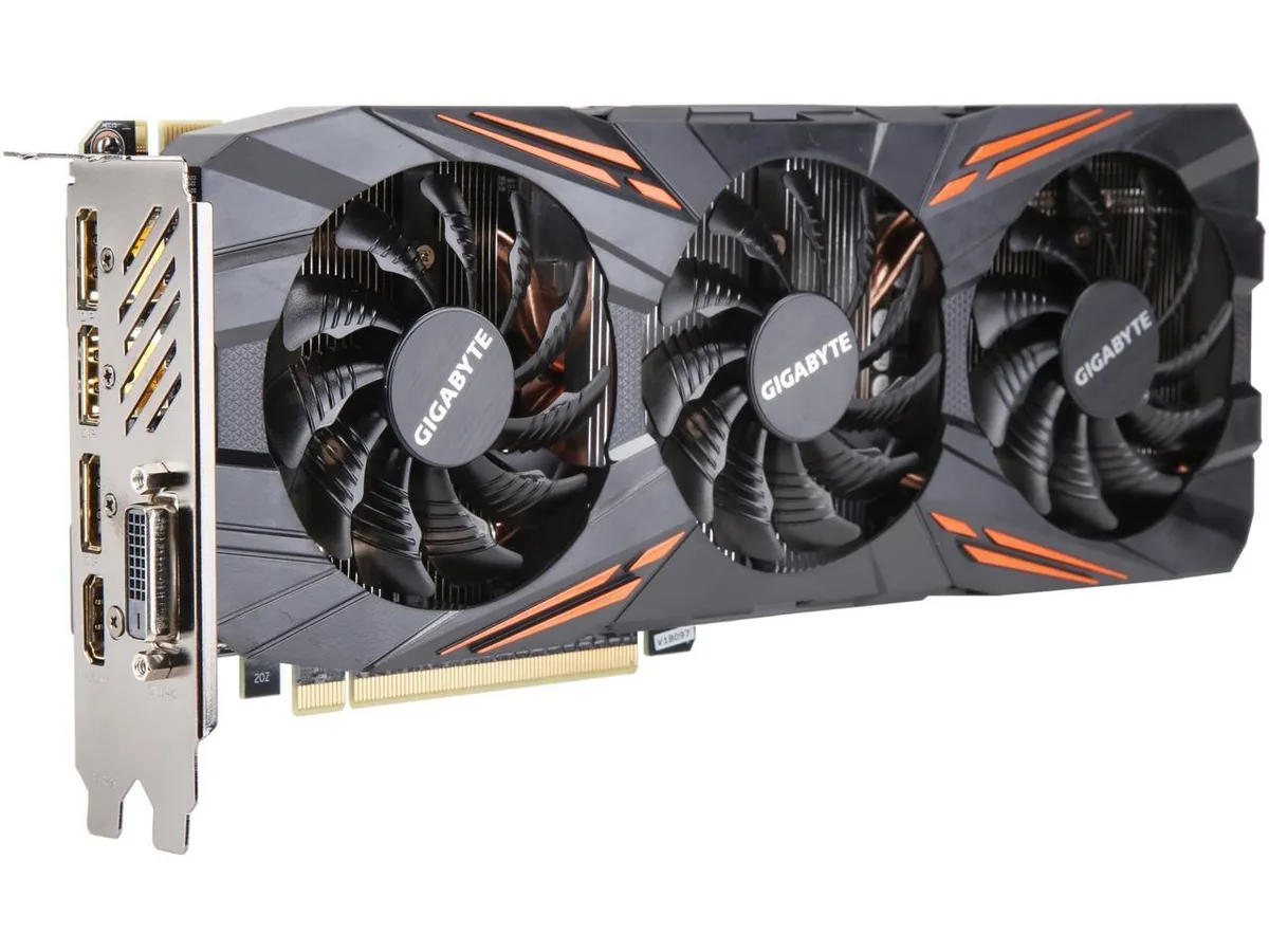 GIGABYTE GeForce GTX 1070 Windforce triple fan graphics card in matte black finish