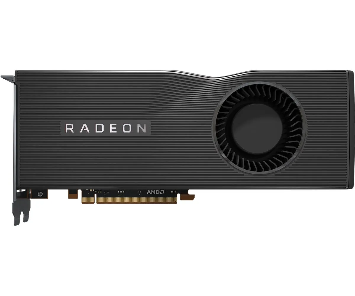 ASRock Radeon RX 5700 XT graphics card with silver die-cast heatsink and three DisplayPort plus one HDMI ports