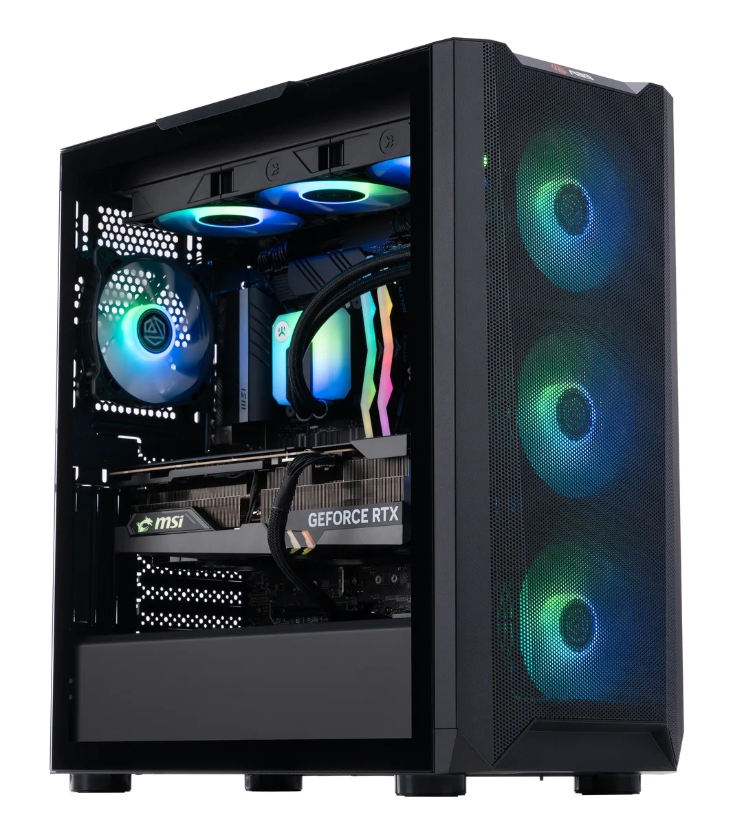 Black mid-tower gaming desktop with RGB memory and liquid cooling visible