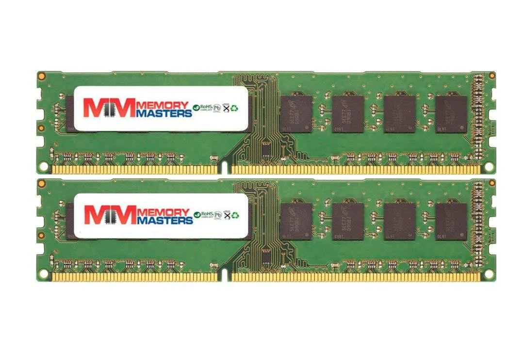 Two green DDR3 DIMMs with black chips and gold contacts