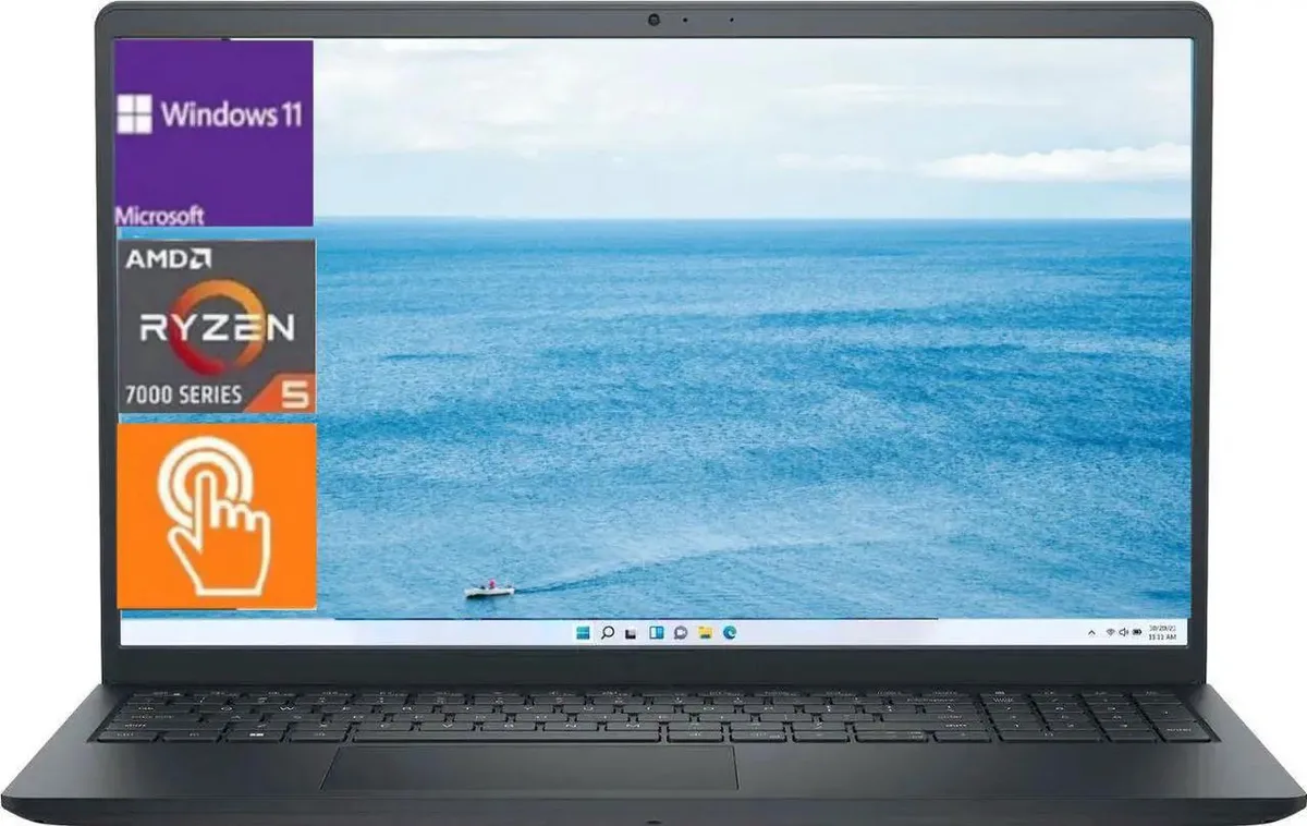 Black Dell Inspiron 15 laptop with 15.6 inch touchscreen display, closed lid visible