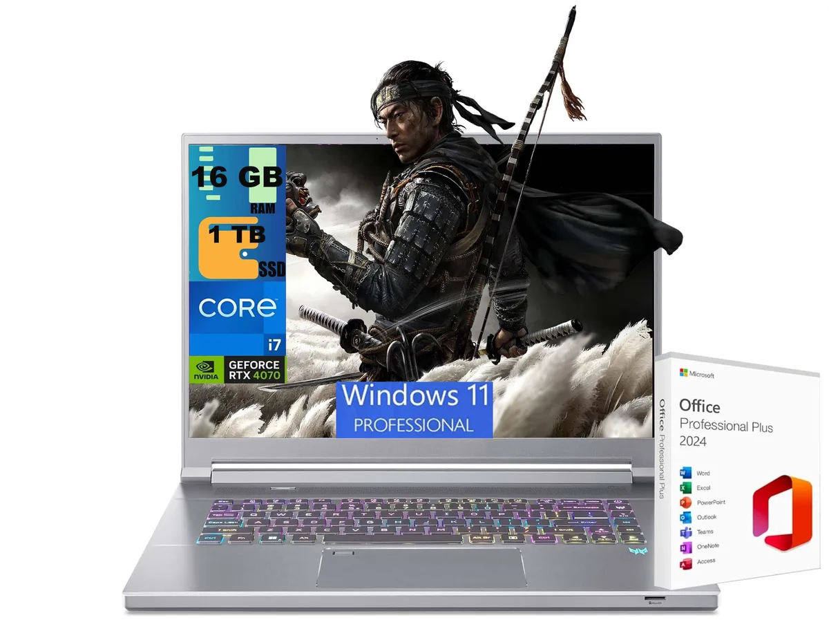 Silver gaming laptop with thin bezels and per-key RGB keyboard