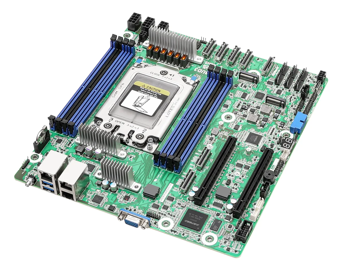 Green rectangular server motherboard with silver CPU socket, eight black memory slots, multiple expansion slots and rear I/O panel