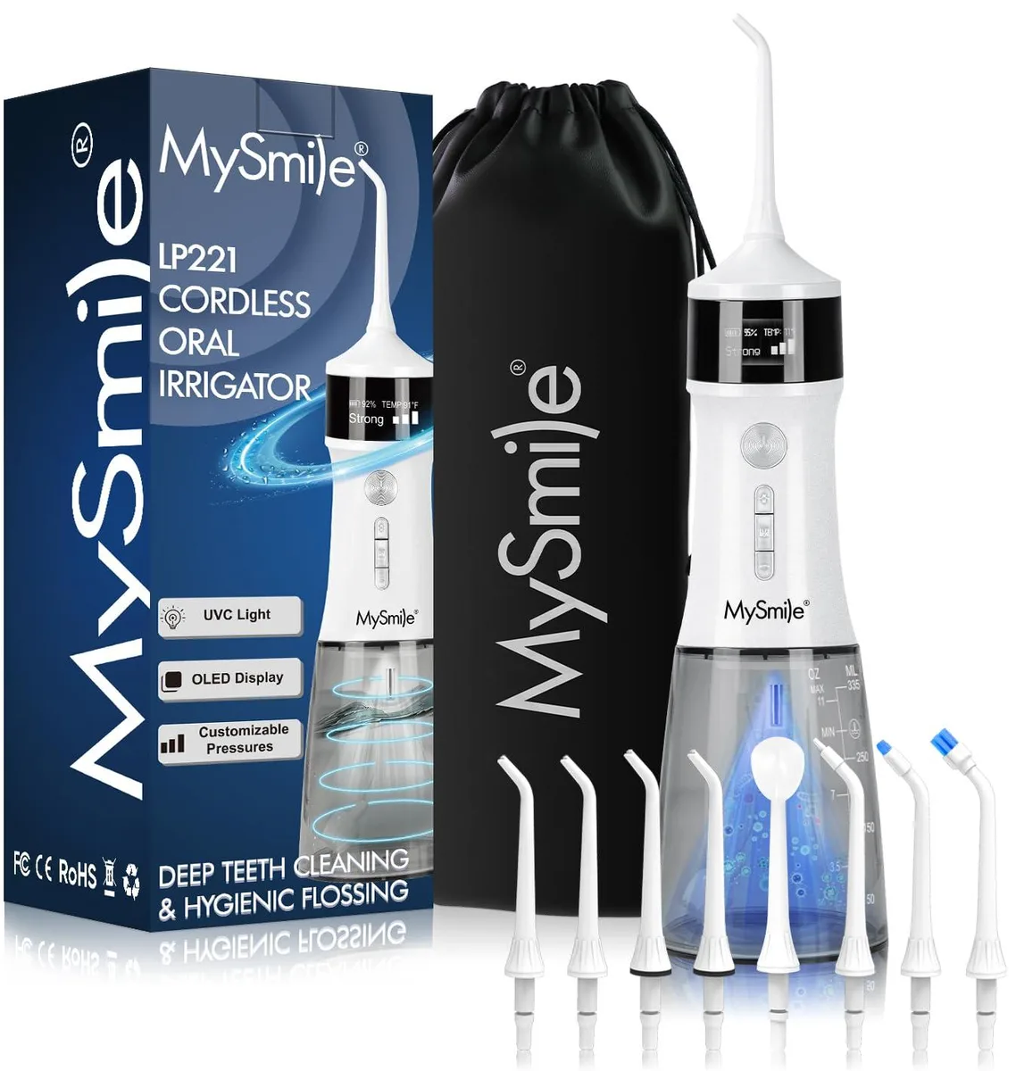  MySmile LP221 Cordless Water Flosser 335 ml Tank 2000-2800 Pulses/min UVC OLED — product photo