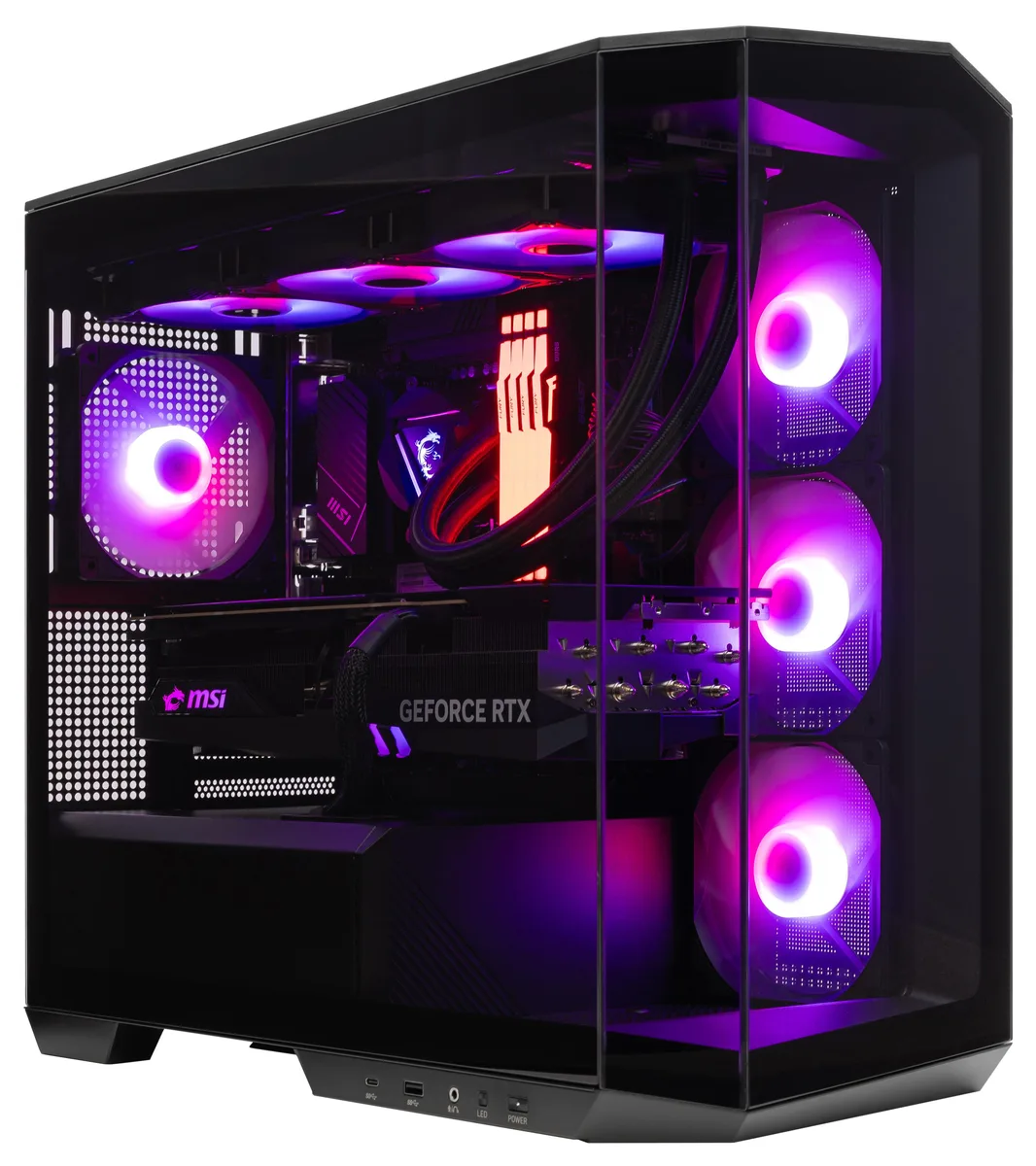 Black mid-tower gaming desktop with RGB lighting and liquid cooling