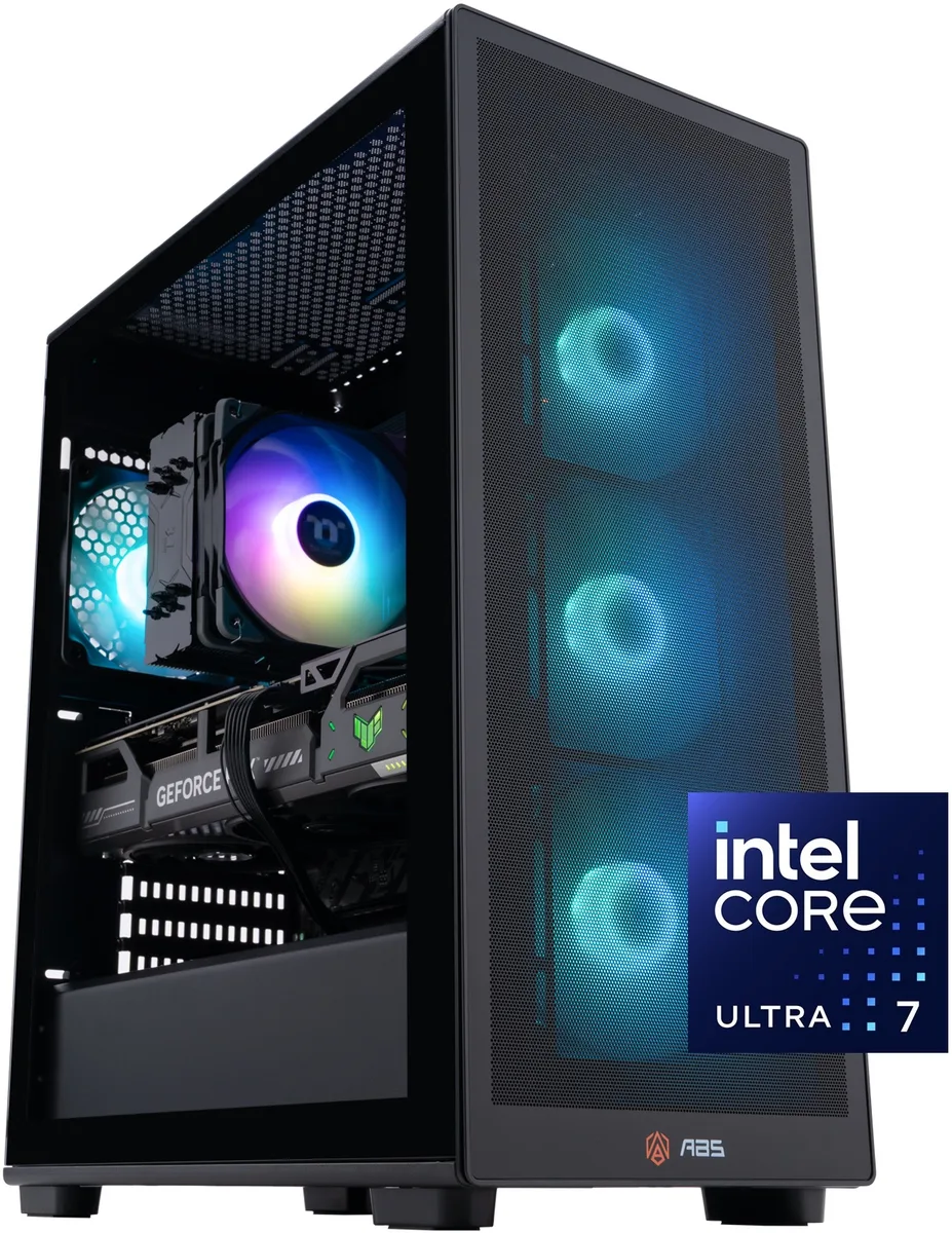 Black mid-tower gaming desktop with RGB memory visible through side panel
