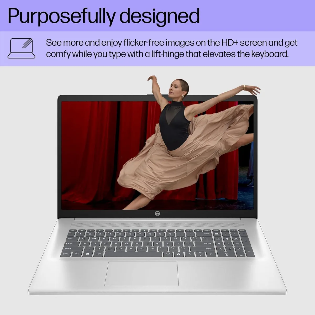 Silver 17.3 inch touchscreen laptop, slim clamshell form, matte finish