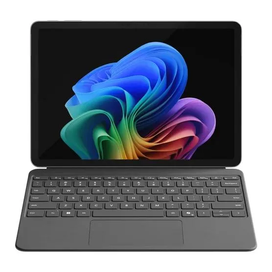 Silver 12-inch detachable tablet with kickstand and backlit keyboard cover