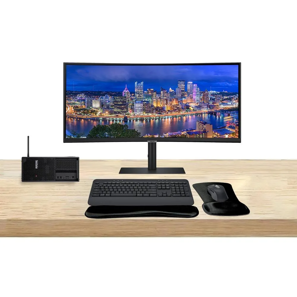 Lenovo ThinkStation P3 Tower workstation with 49-inch curved ViewFinity monitor, wireless keyboard and mouse set