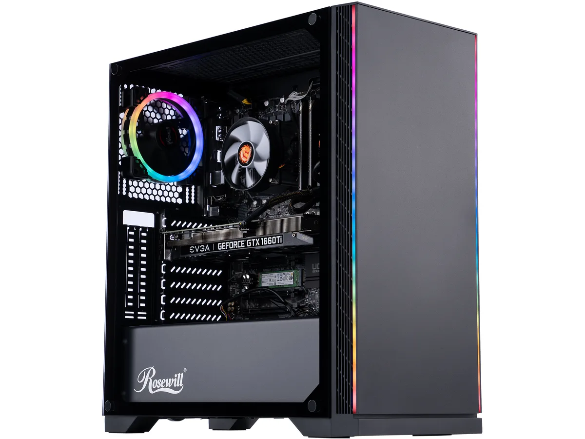 Black mid-tower gaming desktop with front mesh panel and side window