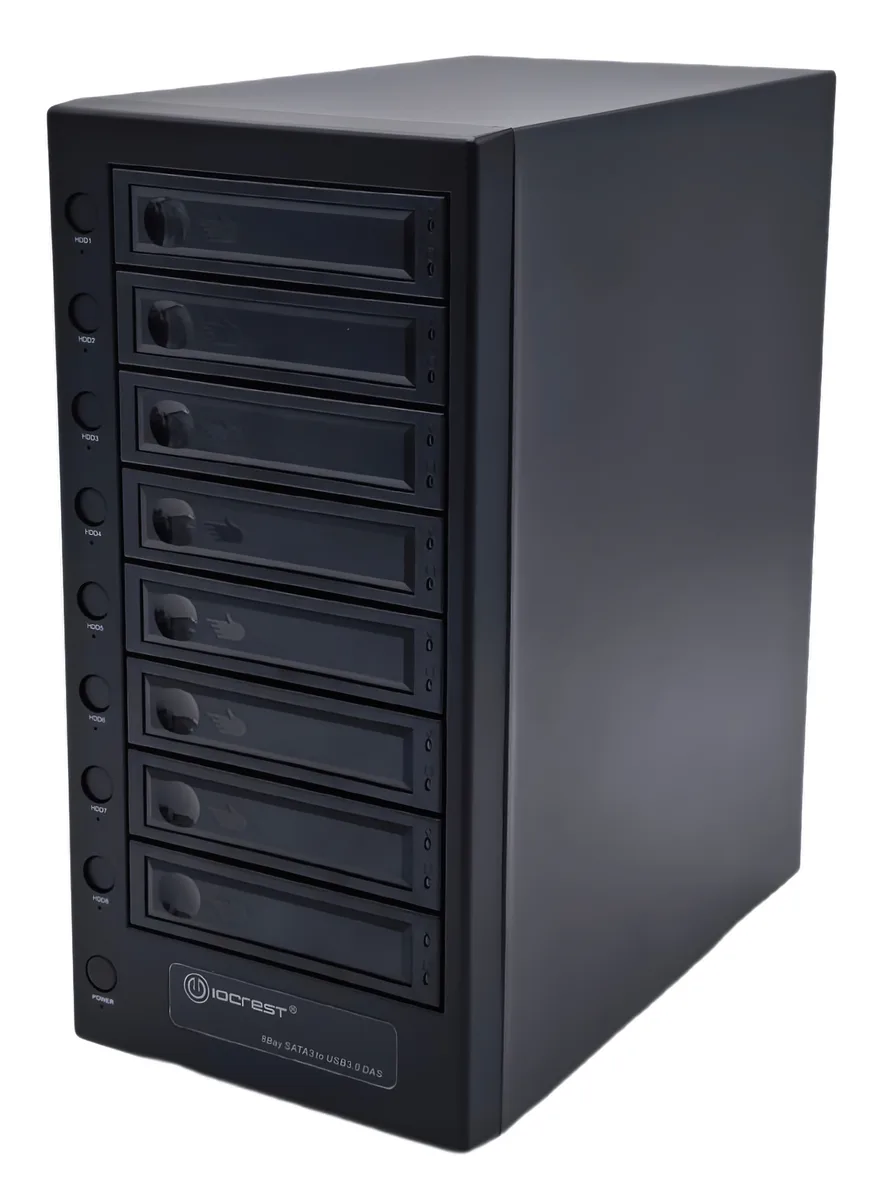 Black eight-bay SATA enclosure with removable trays and dual 80mm fans