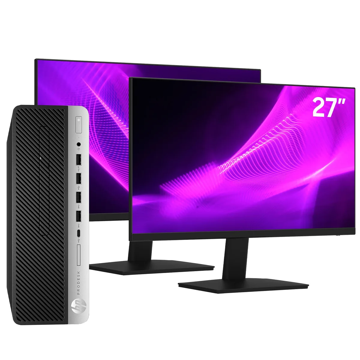 HP HP G4 SFF desktop PC i7-8700 16GB 512GB NVMe + 500GB HDD dual 27" FHD monitors — photo du produit