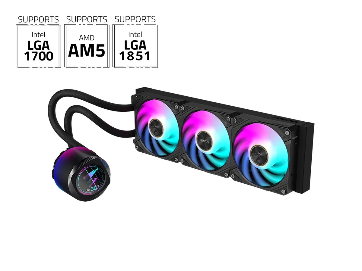 Black 360 mm radiator with three 120 mm ARGB fans, square copper water block featuring a 60 mm circular LCD screen