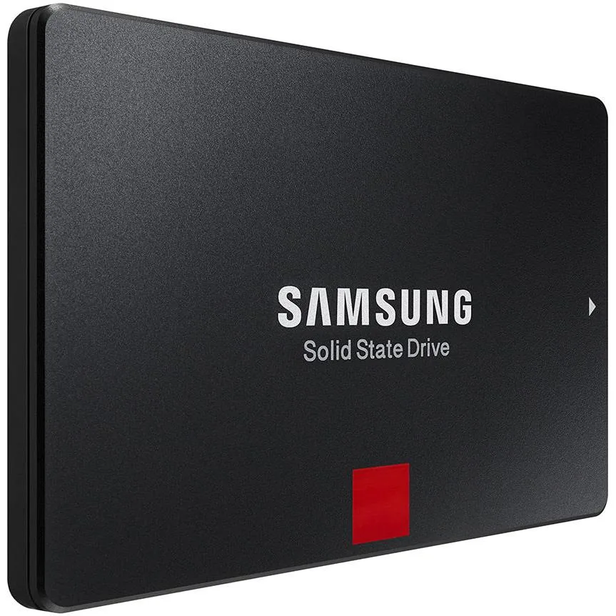 Rectangular 2.5 inch silver metal SSD with label showing 860 PRO 256GB