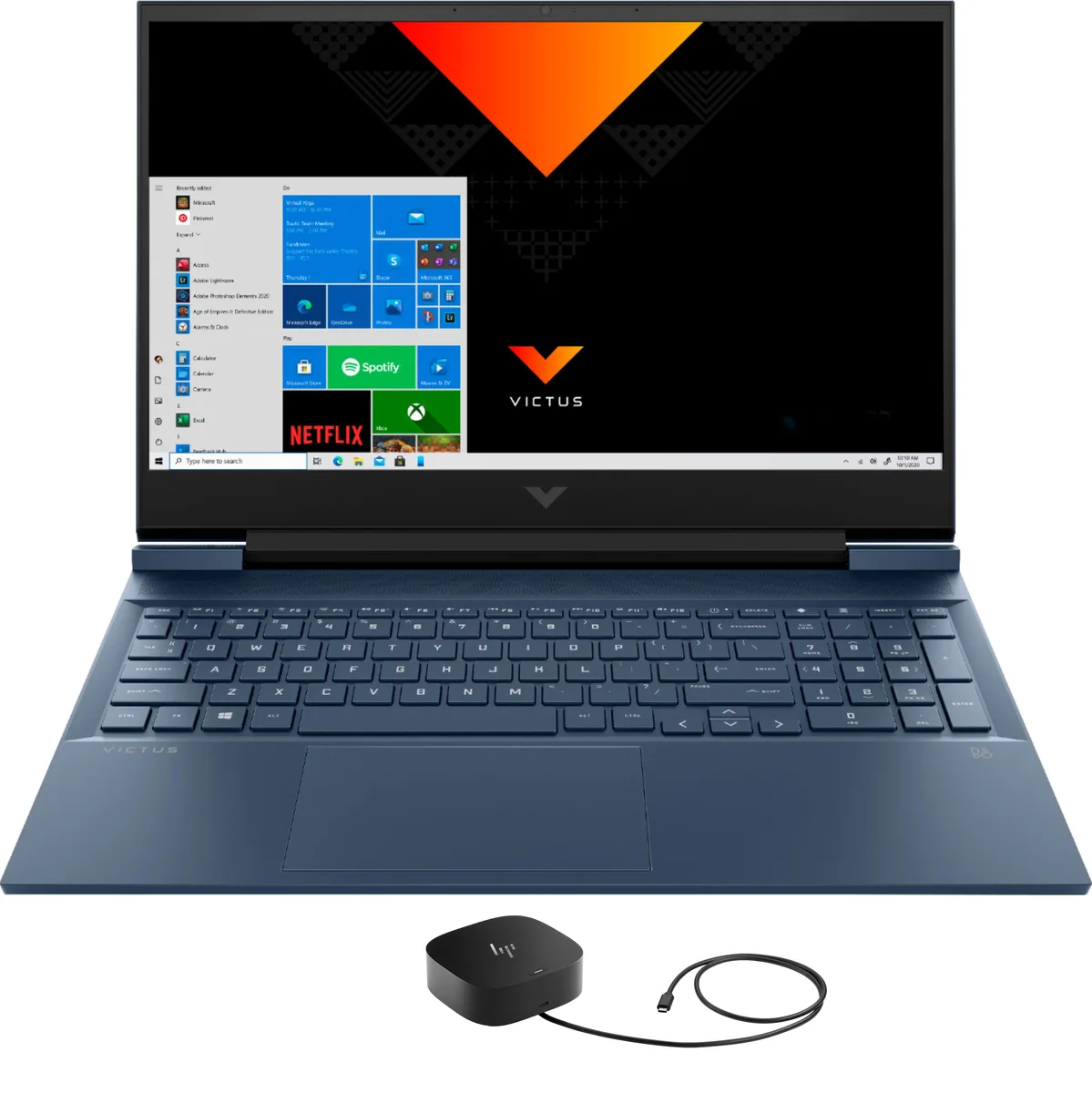 HP Victus 16 laptop in Performance Blue finish, clamshell form factor