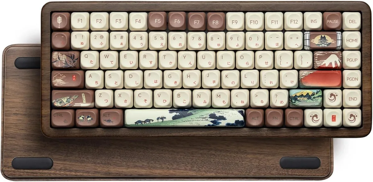 75 percent wireless mechanical keyboard with walnut wood shell and Japanese dye-sub keycaps