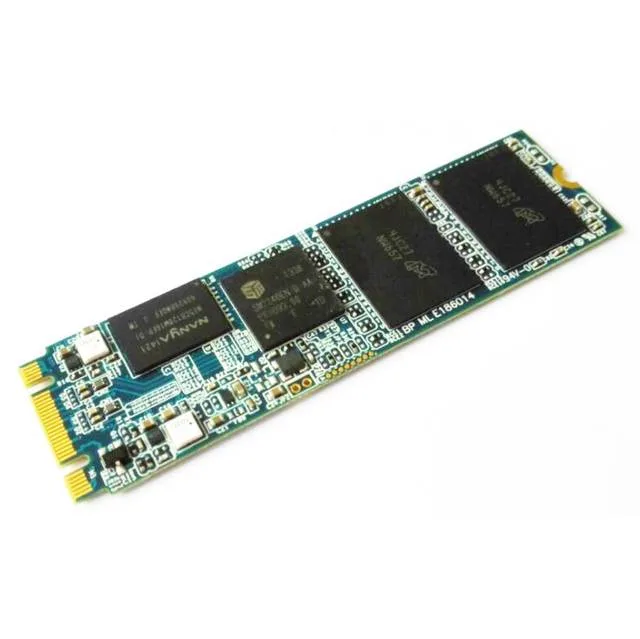 Green M.2 2280 circuit board with black controller and memory chips, gold edge connector, 80mm length