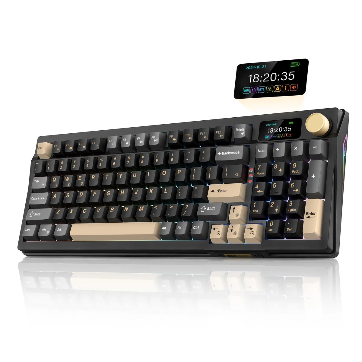 Black-gold compact mechanical keyboard with 1.14-inch TFT screen and CNC knob, metal frame, RGB backlighting