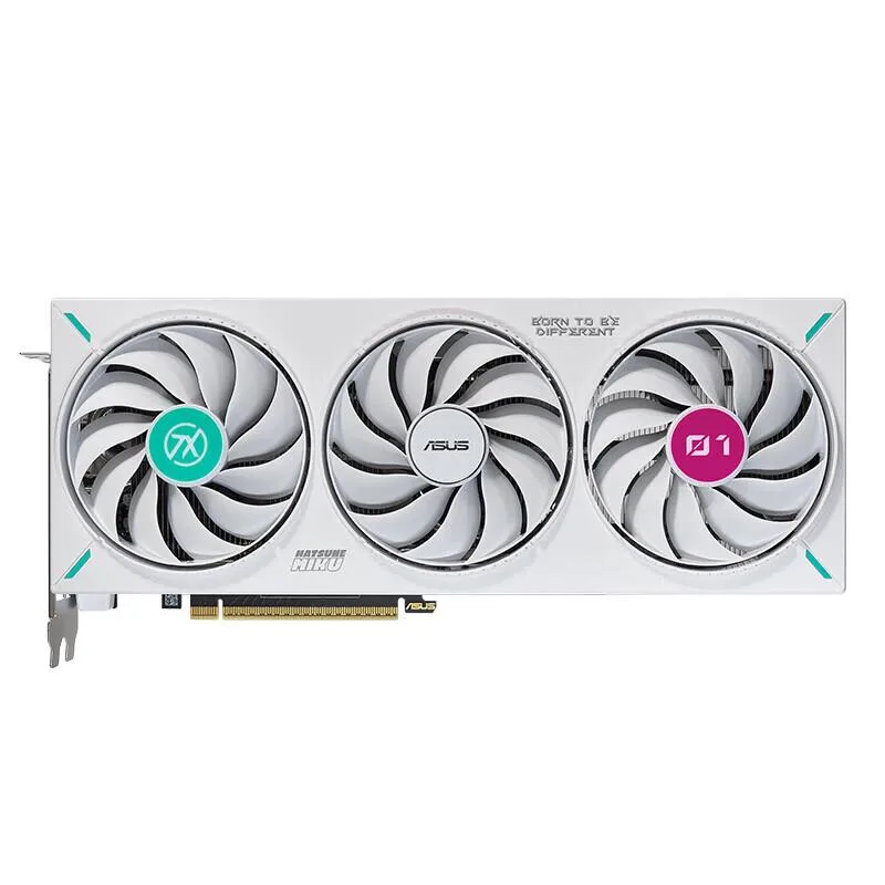 Hatsune Miku themed graphics card with teal and white painted back panel, dual fans, 2.5-slot form factor
