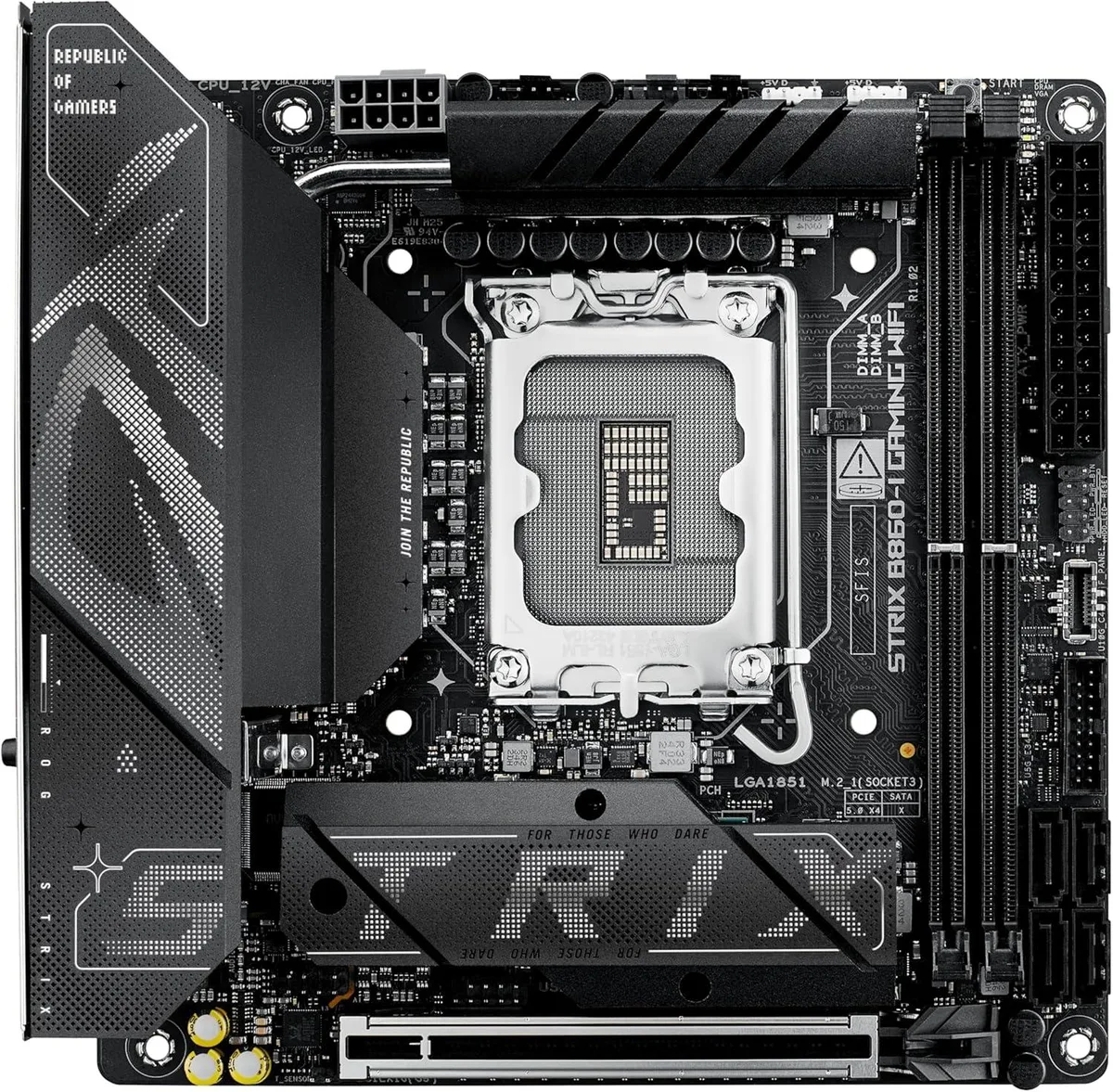 Square Mini-ITX motherboard with dark PCB and silver heatsinks, LGA 1851 socket, DDR5 slots, no antenna included