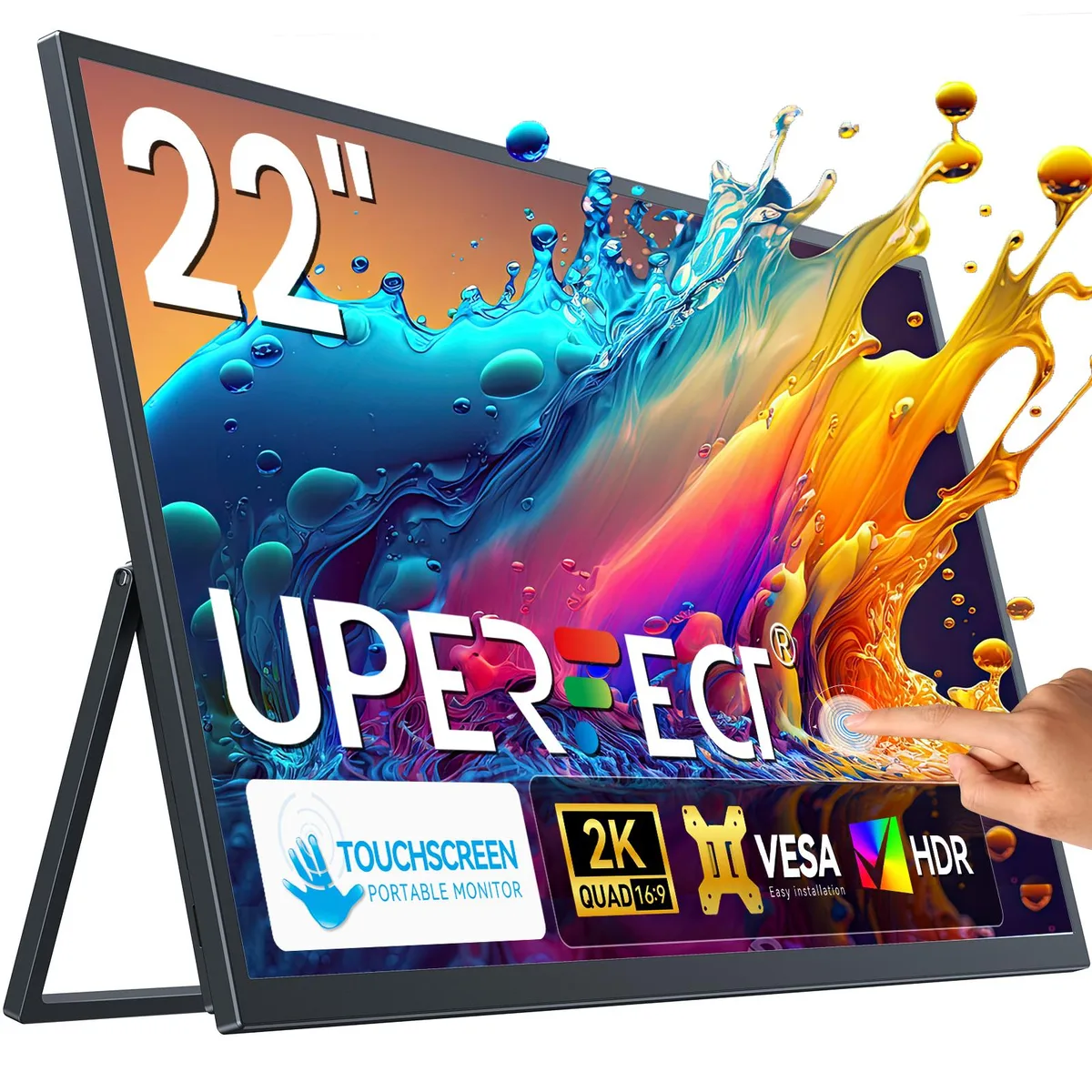 Black 22 inch portable touchscreen monitor with built-in kickstand and VESA mount holes