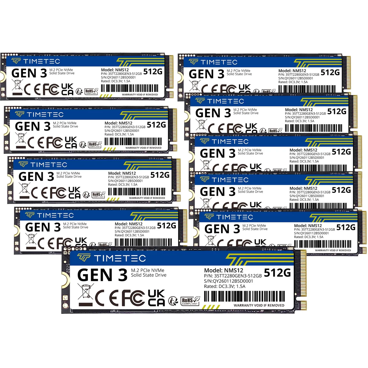 Ten M.2 2280 NVMe SSDs in a pack, green circuit boards with black controller and silver labels