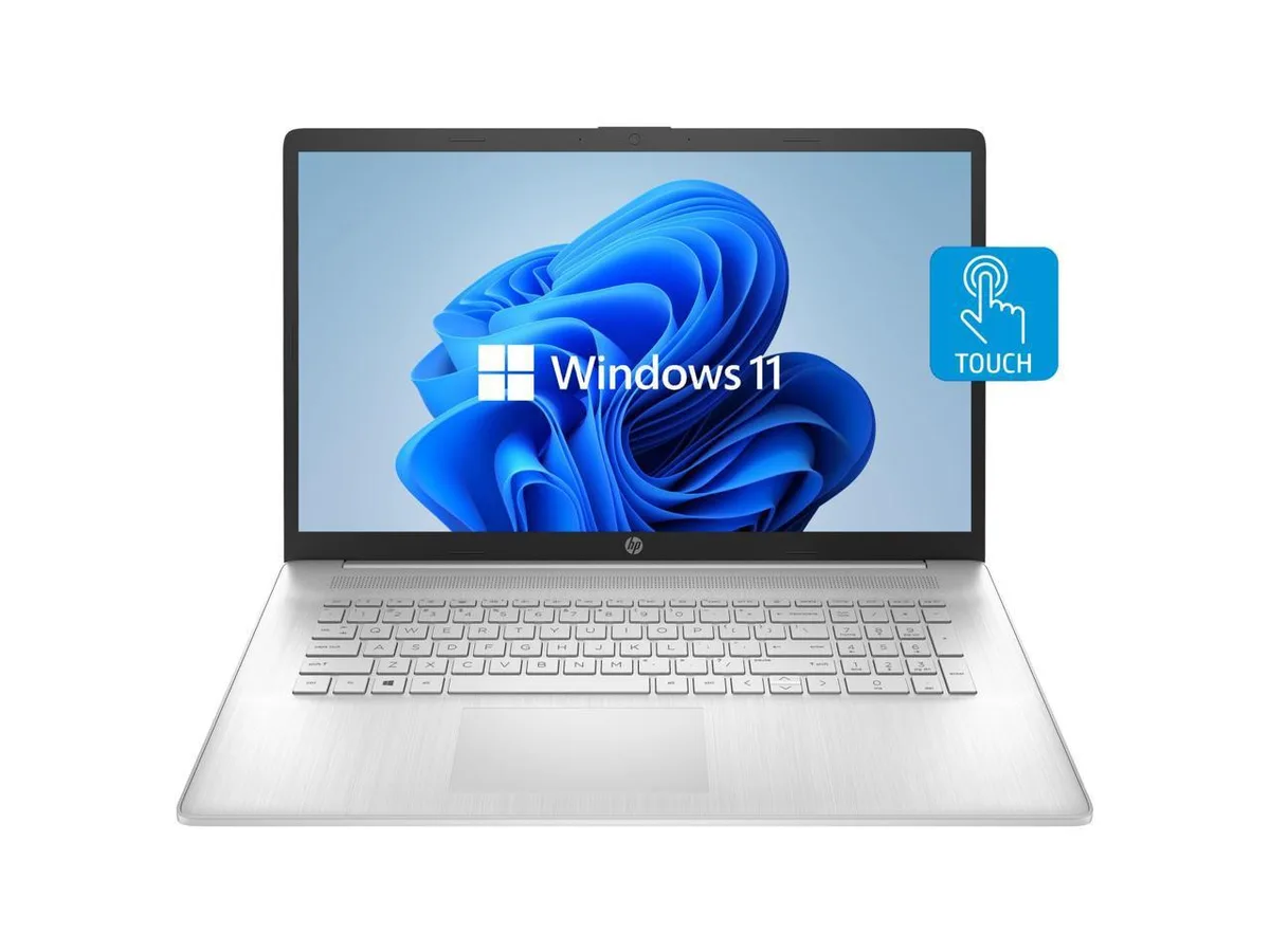 Silver 17.3 inch touchscreen laptop with full keyboard and trackpad