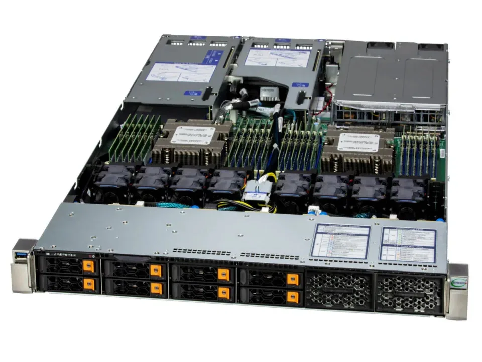 Silver 1U rack server front with drive bays and status LEDs