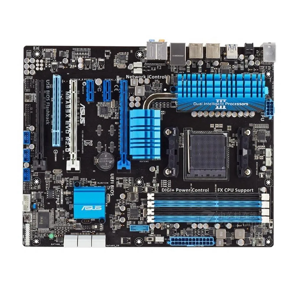 ATX motherboard with black PCB and silver heatsinks