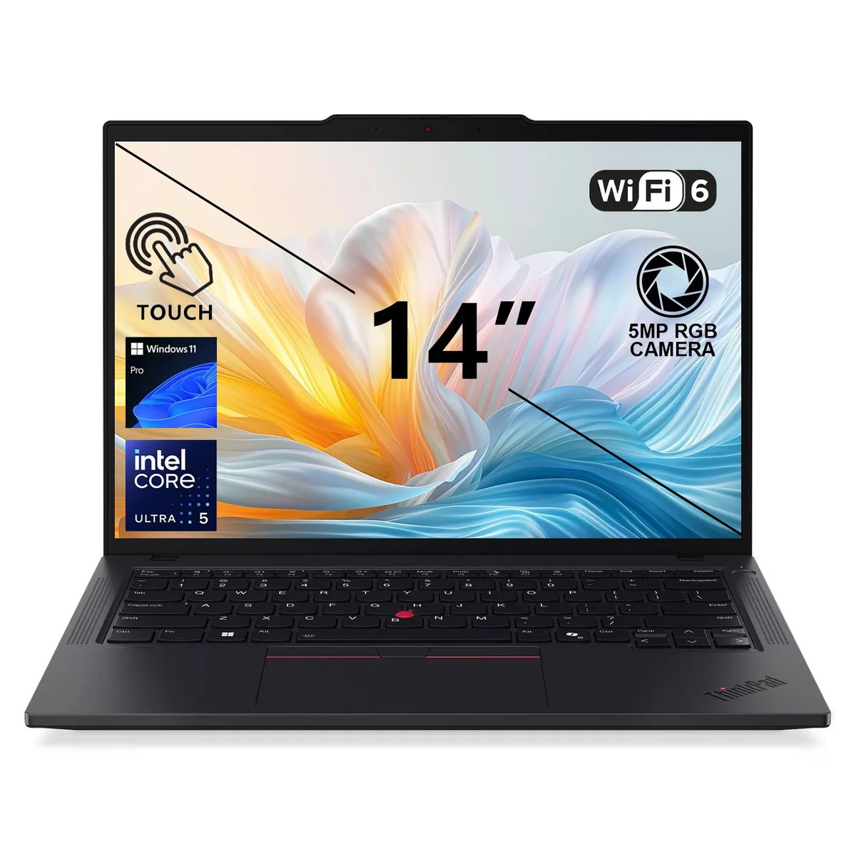 Black 14-inch ThinkPad T14 touchscreen laptop, matte finish, slim bezels, backlit keyboard, fingerprint reader, 5MP webcam above screen