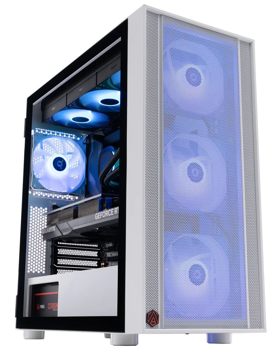 ABS Eurus Aqua tower in Obsidian Black with white case panels, RGB liquid cooler and graphics card visible through side glass