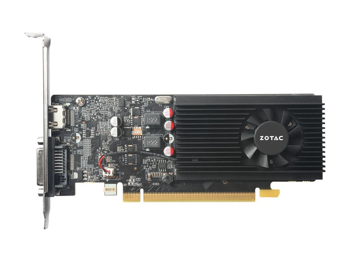 Low-profile graphics card with single fan, black shroud, HDMI and DVI ports
