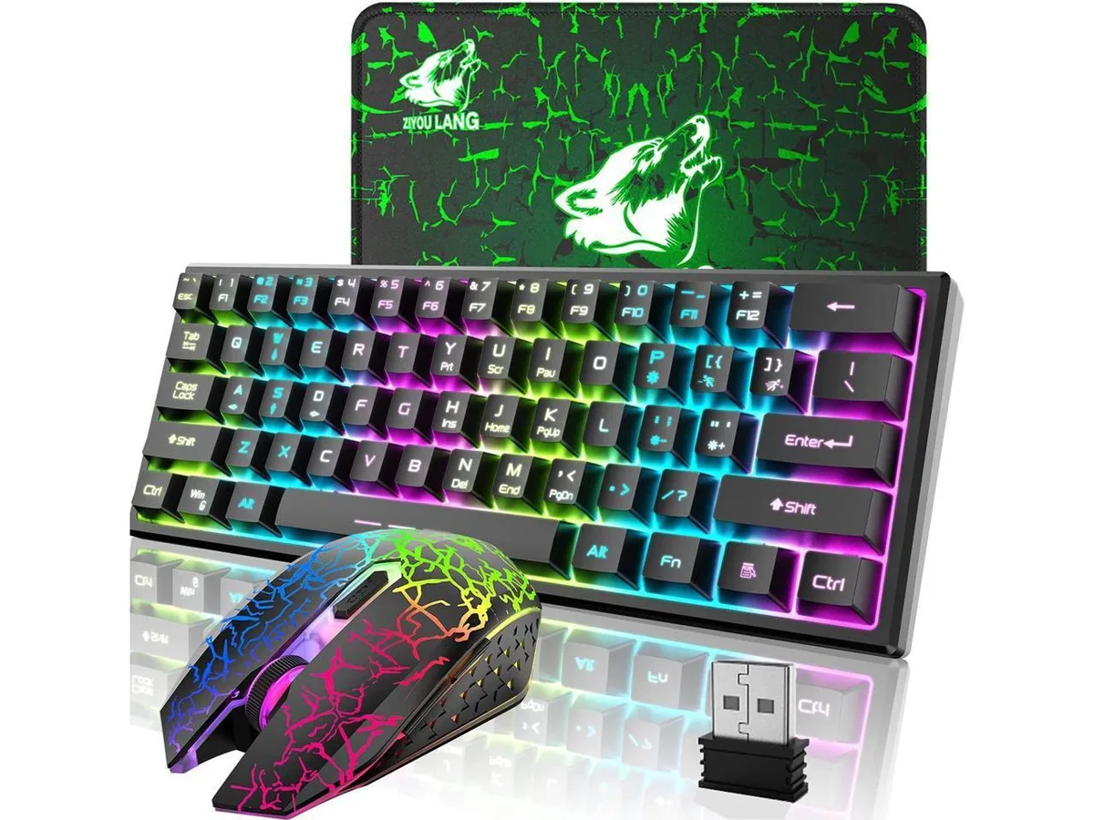 Black 61-key wireless gaming keyboard with mouse and pad, compact 60% layout