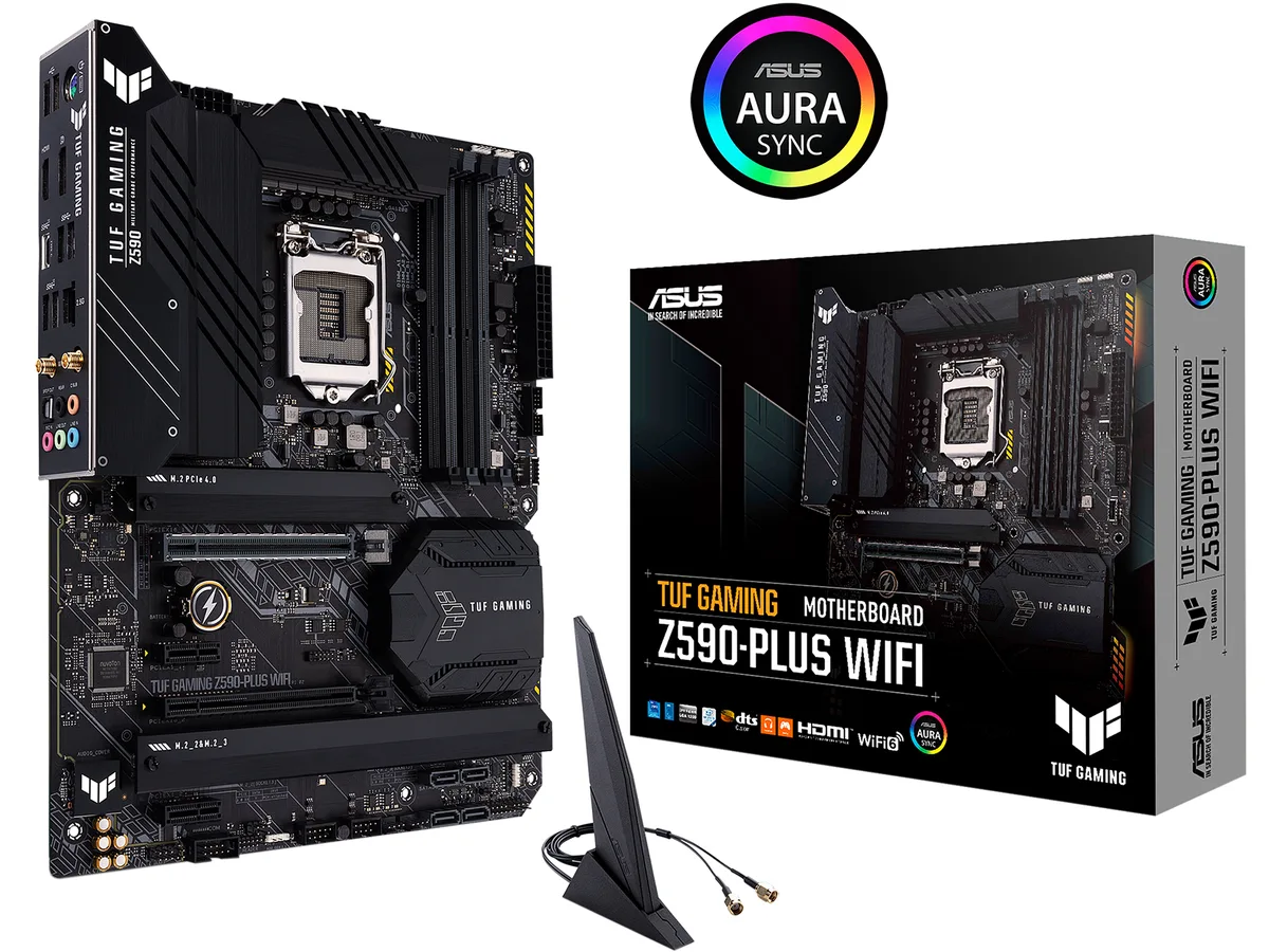 ATX motherboard dark grey heatsinks yellow TUF accents