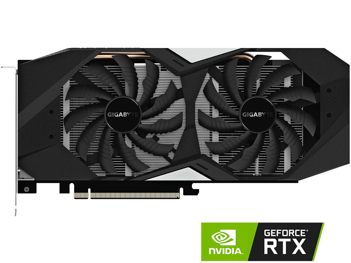 Dual-slot graphics card with two fans, silver and black finish