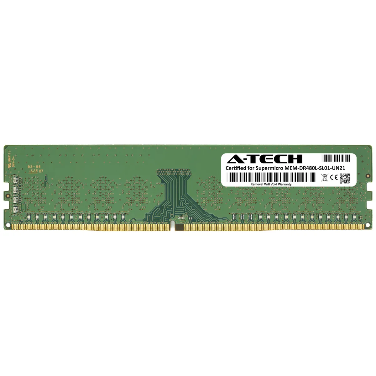 Green circuit board with black memory chips, 288 gold pins, no heat spreader