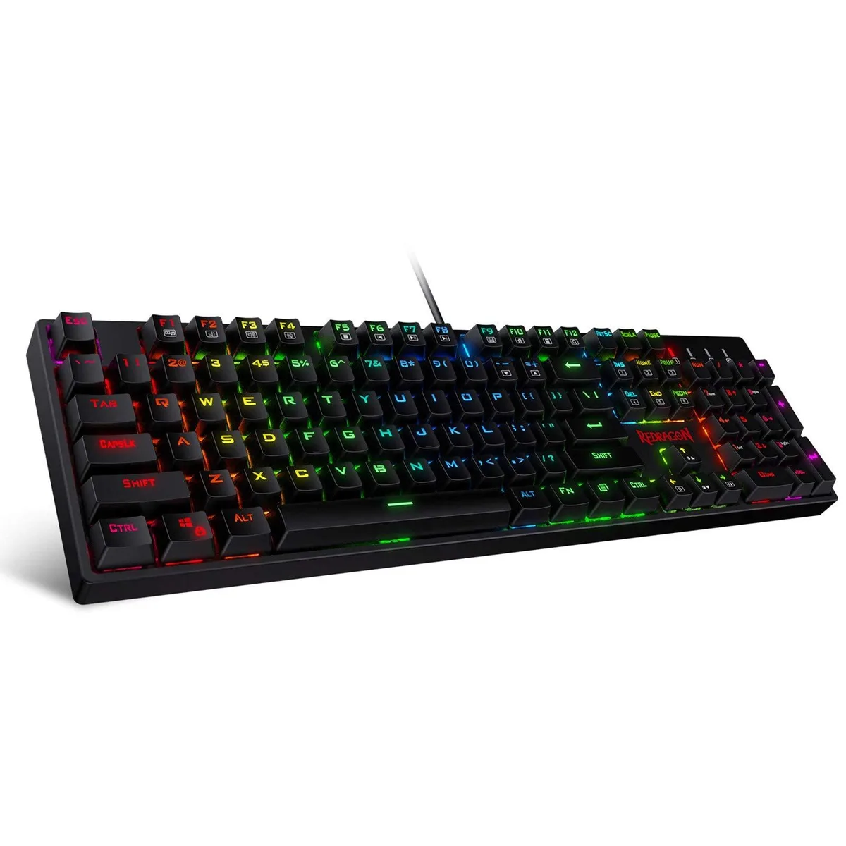 Black full-size mechanical keyboard with RGB backlighting and red linear switches
