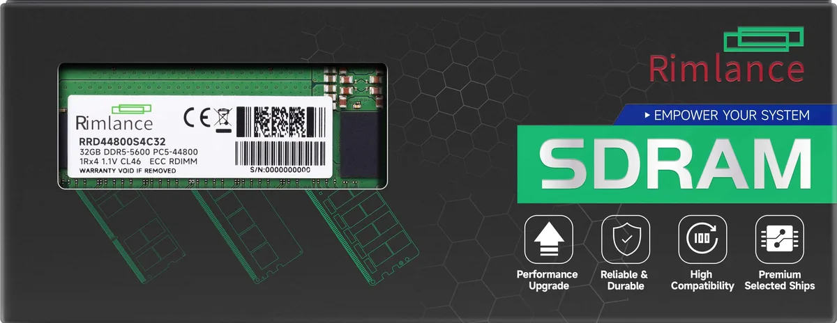 Green rectangular DDR5 RDIMM module with black chips and gold contacts