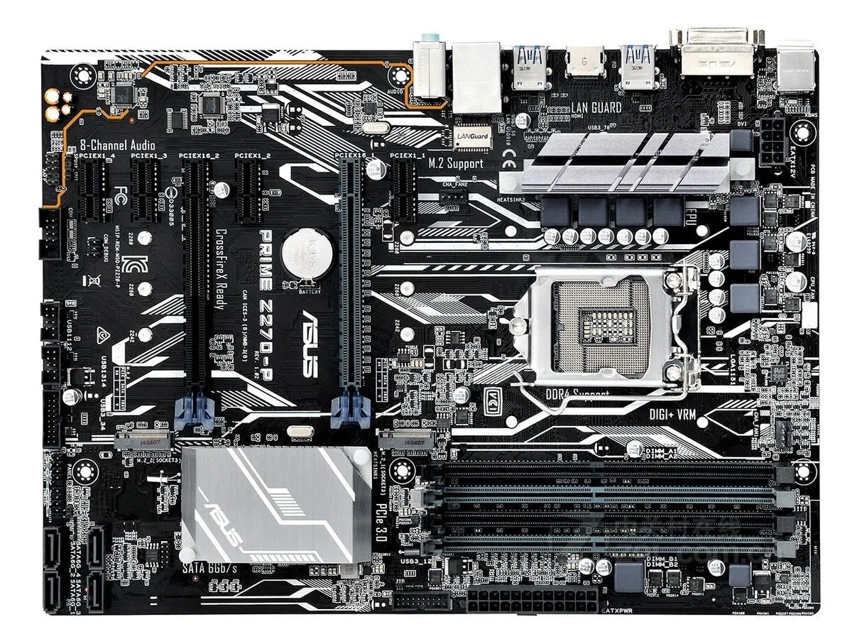 ATX motherboard with black PCB and silver heatsinks, LGA 1151 socket visible