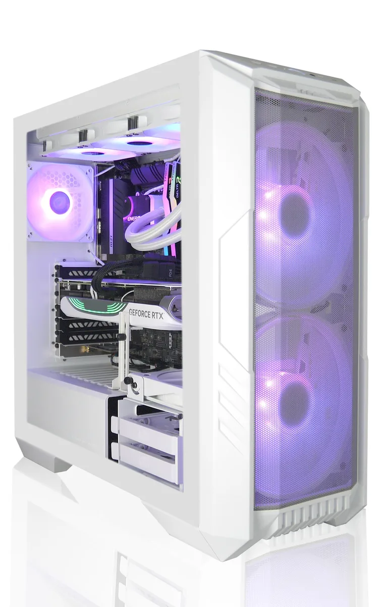 White mid-tower gaming desktop with 360mm liquid cooler visible through side panel