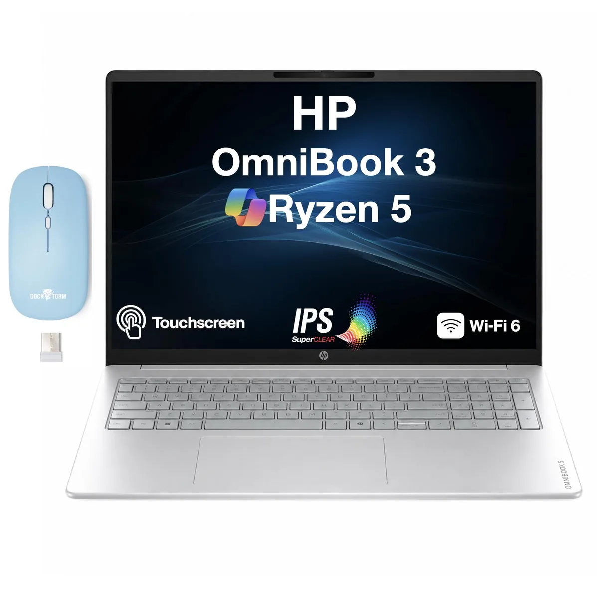 Silver HP OmniBook 3 16.0 inch touchscreen laptop, ultra thin light form factor, glacier silver finish