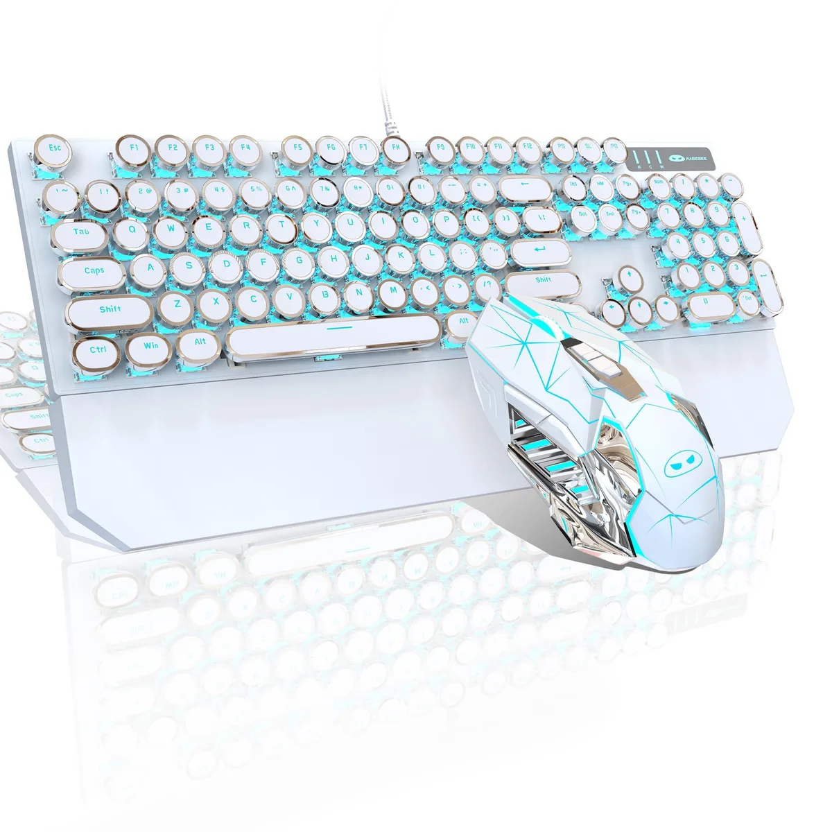 White keyboard with round black keycaps and matching black mouse, USB wired connection